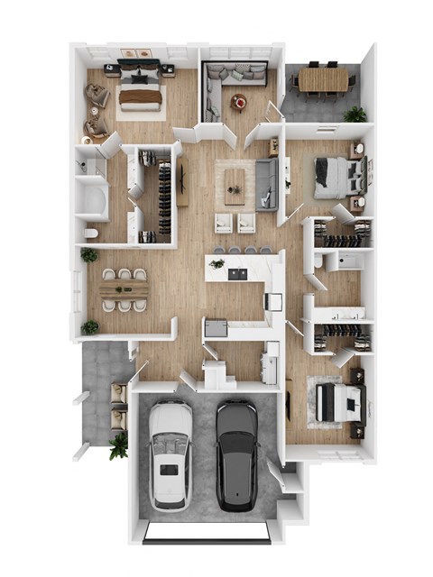 3d floor plan of a house with cars and a garage